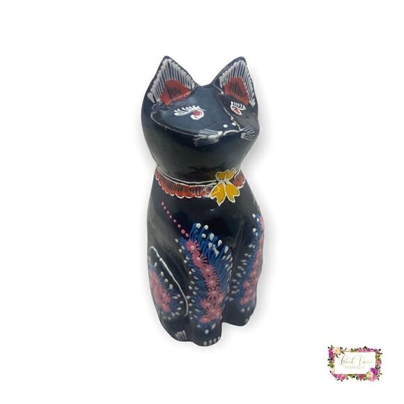 Vintage Lacquer Black Cat Figurine Hand Painted - Picture 8 of 12